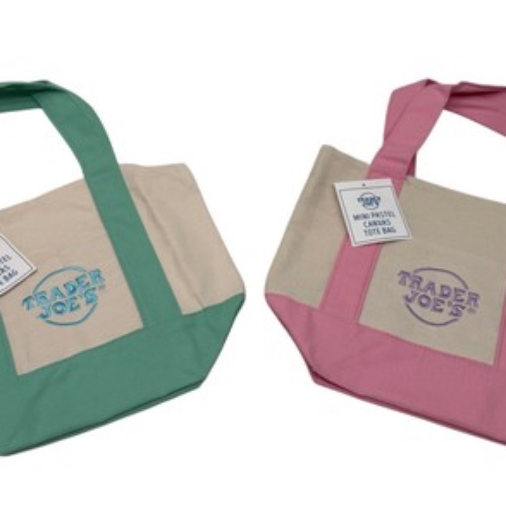 TWO Trader Joe's Mini Tote Bags Mint and  Pink ON HAND READY TO SHIP !